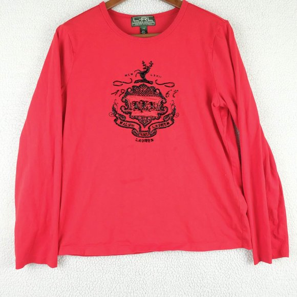 Lauren Ralph Lauren T Shirt Womens Large Red Beaded Preppy Logo Long Sleeve - Picture 1 of 10
